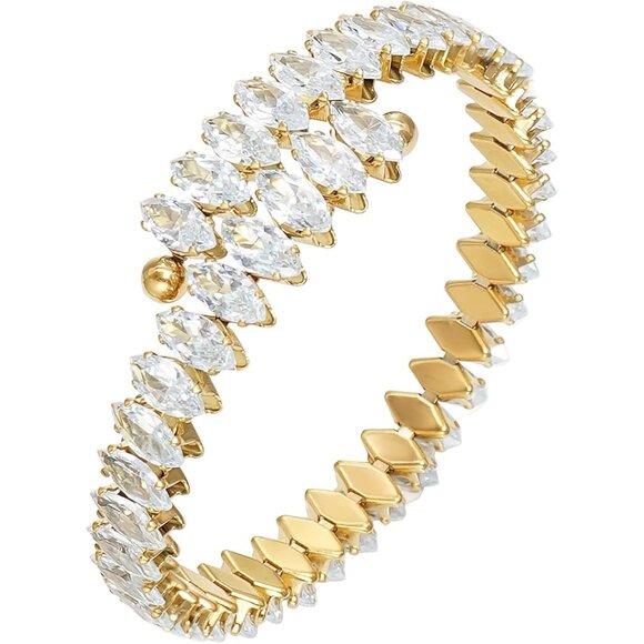 Gold White Rhinestone Cuff Bracelet Cubic Zirconia Tennis Bracelets for Women - Picture 1 of 6